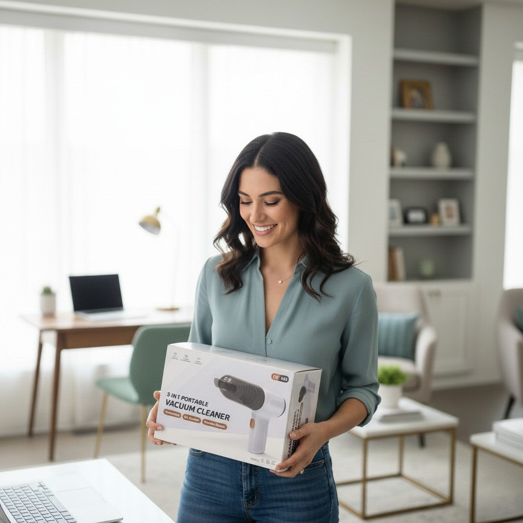 Exquisite Deal Shop 3-in-1 portable cordless vacuum cleaner, white and black, with multiple attachments for dry, wet, and detail cleaning.