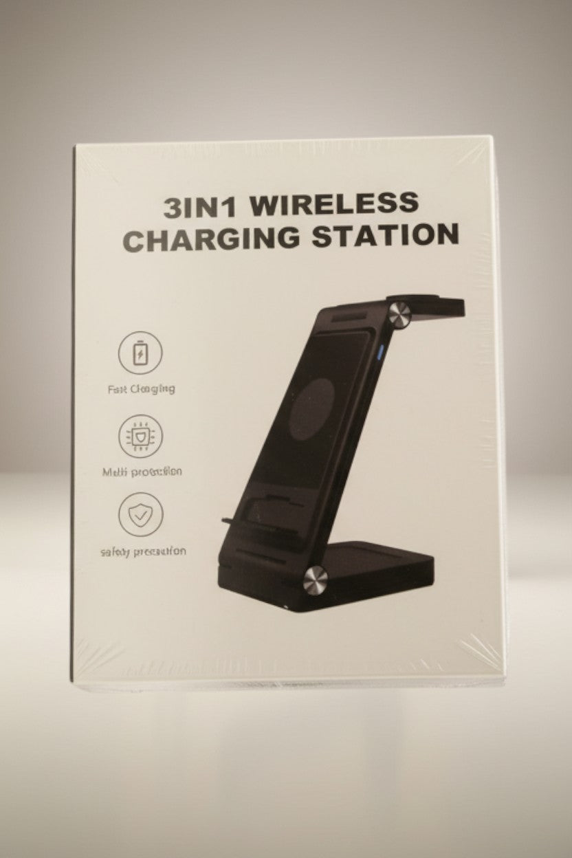 Exquisite Deal Shop 3-in-1 black foldable wireless charging station for phone, watch, and earbuds. Features fast charging and travel-friendly design.