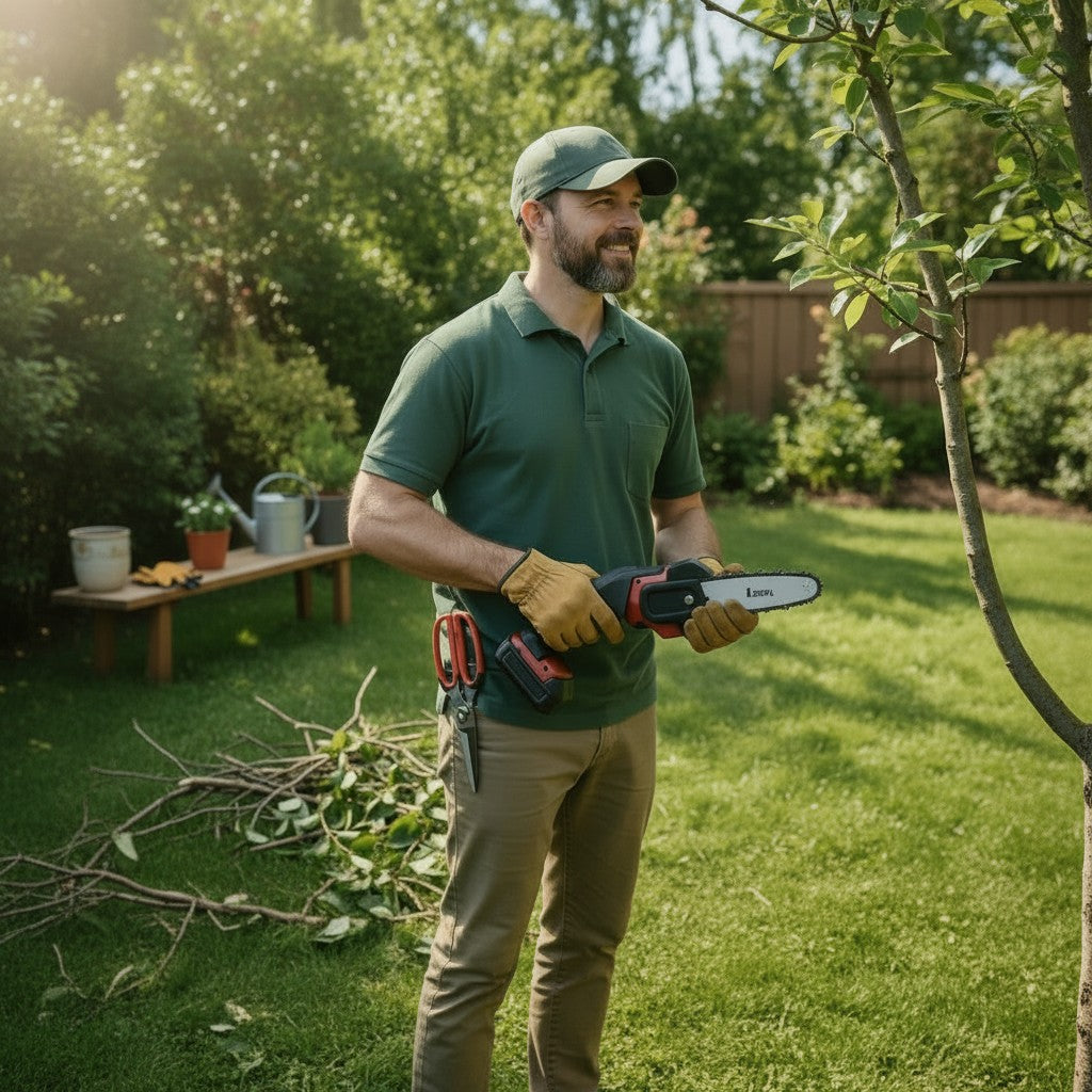 Exquisite Deal Shop 4-inch chainsaw bar replacement with 28 drive links and 3/8 LP pitch, held by a gardener.