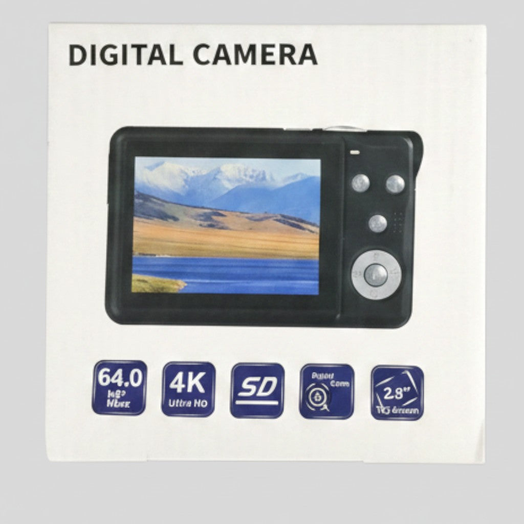 Exquisite Deal Shop digital camera with 64MP, 4K Ultra HD video, 2.8" TFT screen, and SD card slot.