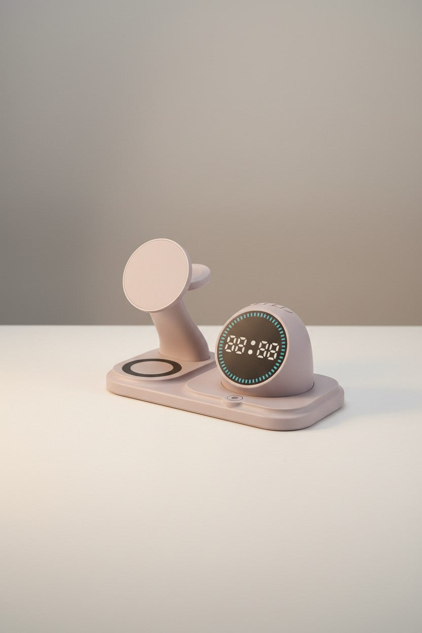 Exquisite Deal Shop 6-in-1 multifunctional wireless charger with 15W fast charging and LED clock display.
