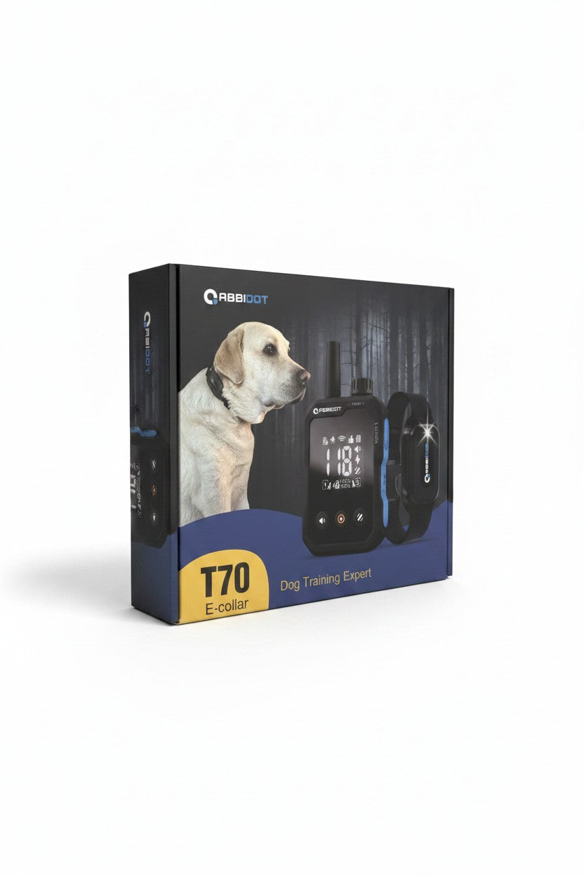 Exquisite Deal Shop ABBIDOT T70 E-Collar dog training system with remote and waterproof receiver. Features LCD screen, beep, vibration, and static modes.