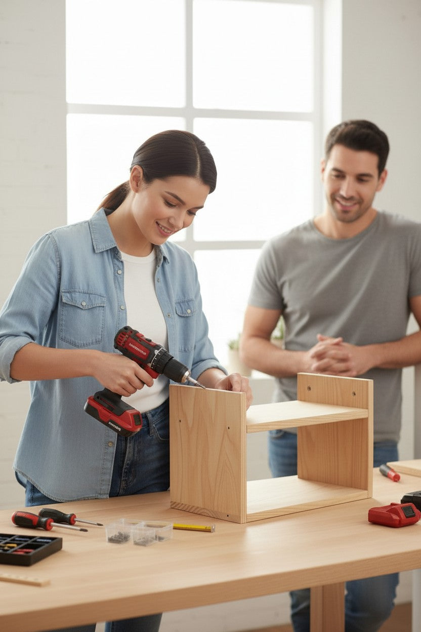 Exquisite Deal Shop Apex 19.2V 3.5Ah lithium-ion tool battery attached to a cordless drill assembling a wooden shelf.