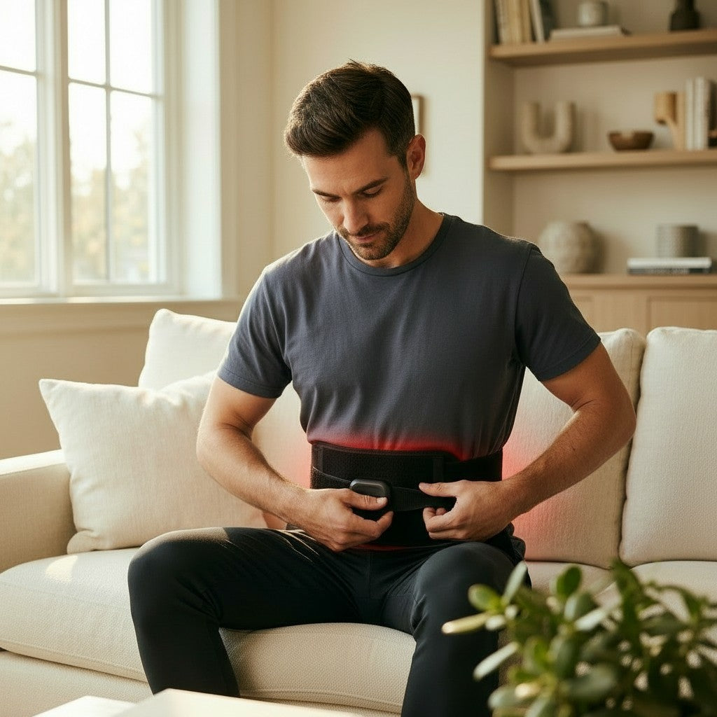 Exquisite Deal Shop black adjustable back brace with red LED therapy for pain relief.