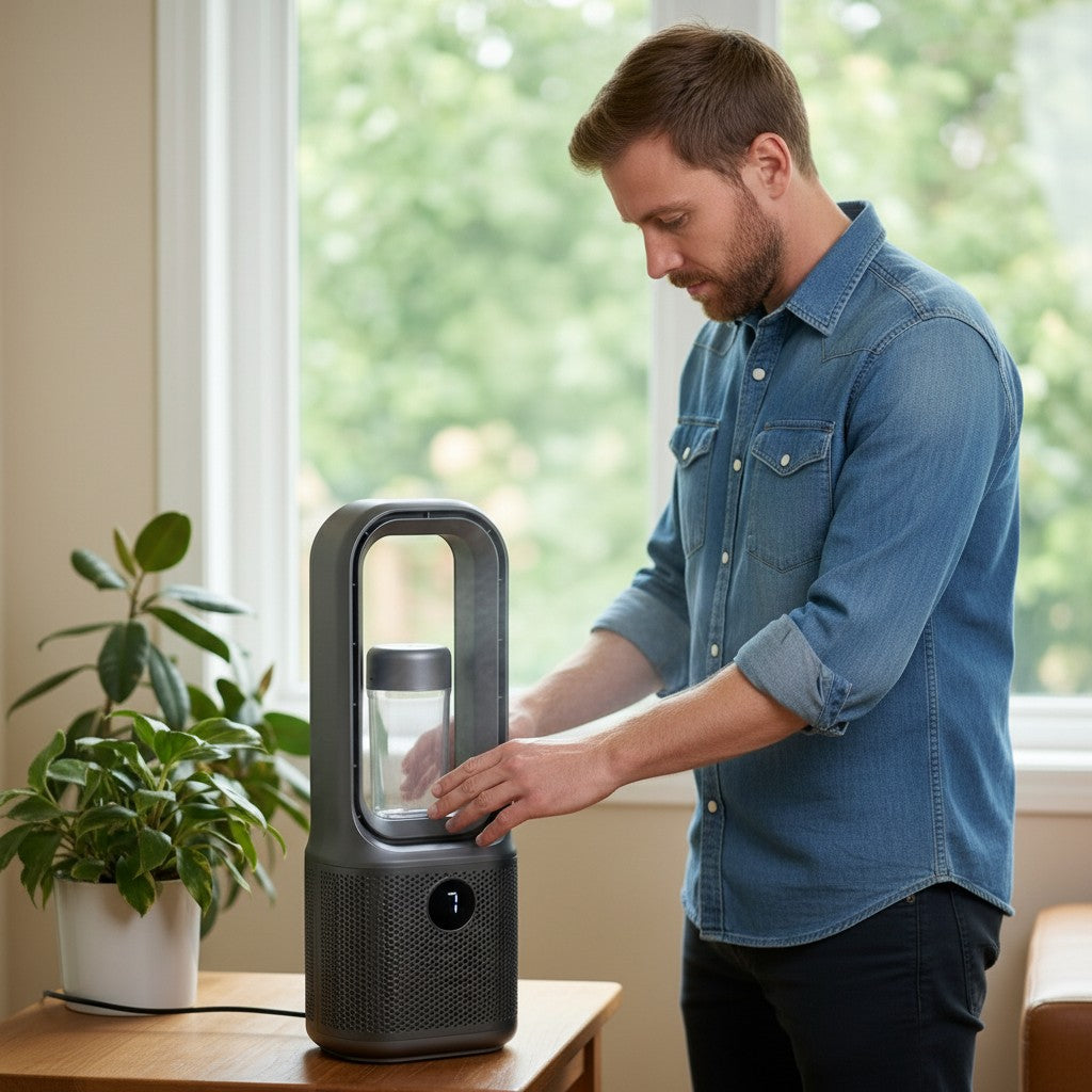 Exquisite Deal Shop black bladeless tower fan and air purifier with LED display and portable battery power.