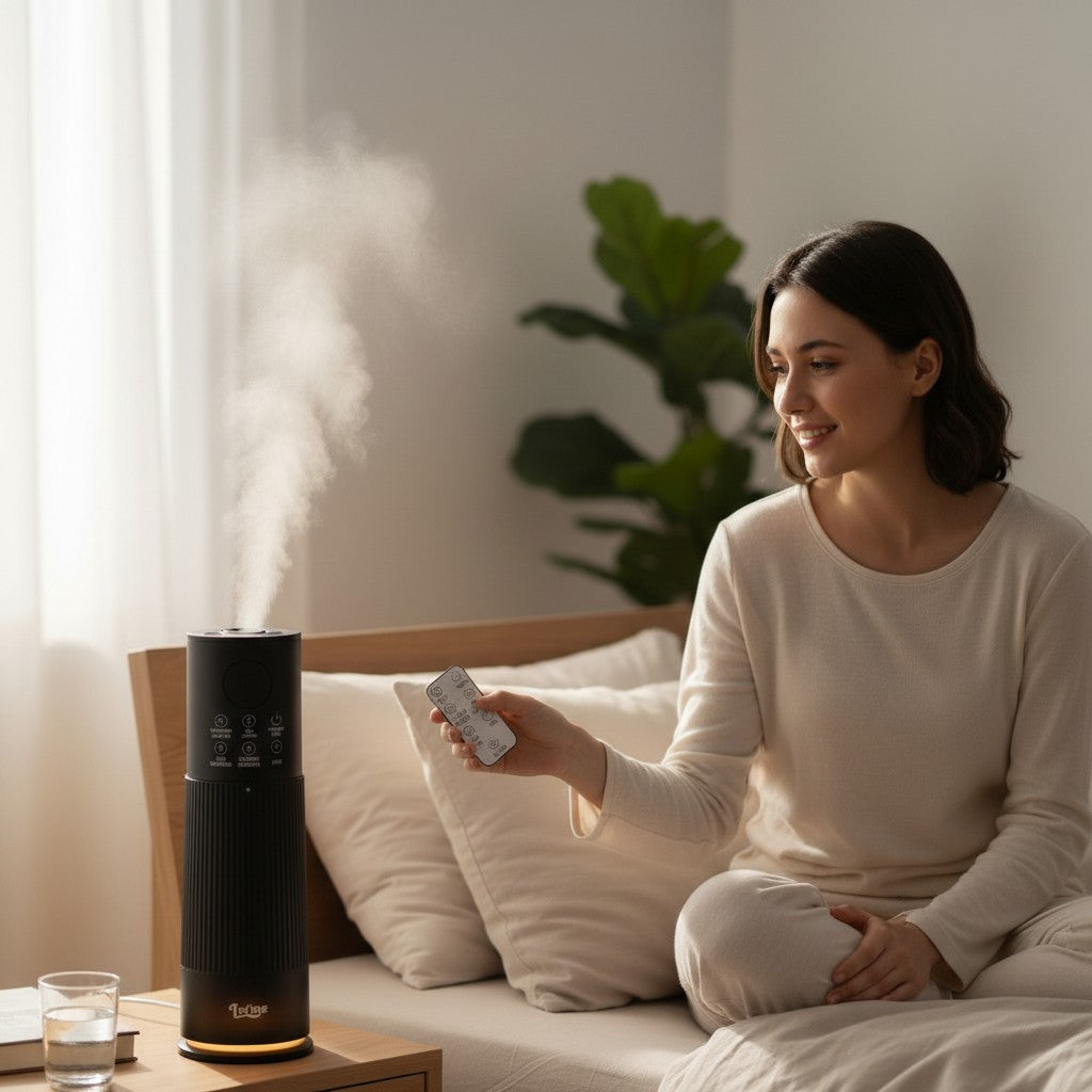 Exquisite Deal Shop black 10L smart tower humidifier with adjustable cool mist and app control, shown in a bedroom setting.
