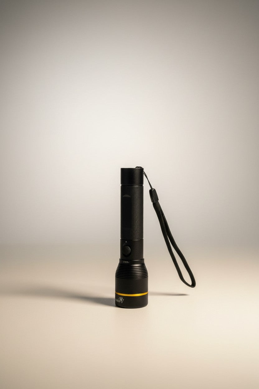 Exquisite Deal Shop black aluminum tactical flashlight with zoomable LED beam and wrist strap, shown next to a ruler.