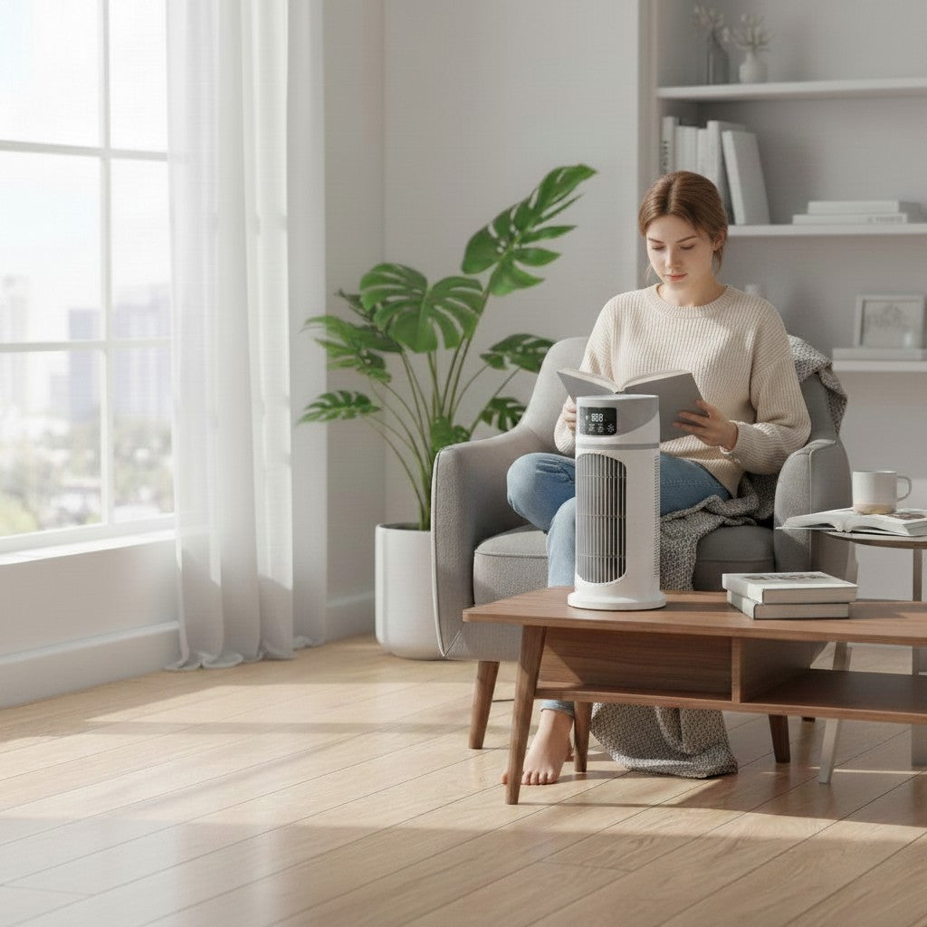 Exquisite Deal Shop white bladeless tower fan with LCD display and remote control on a coffee table.