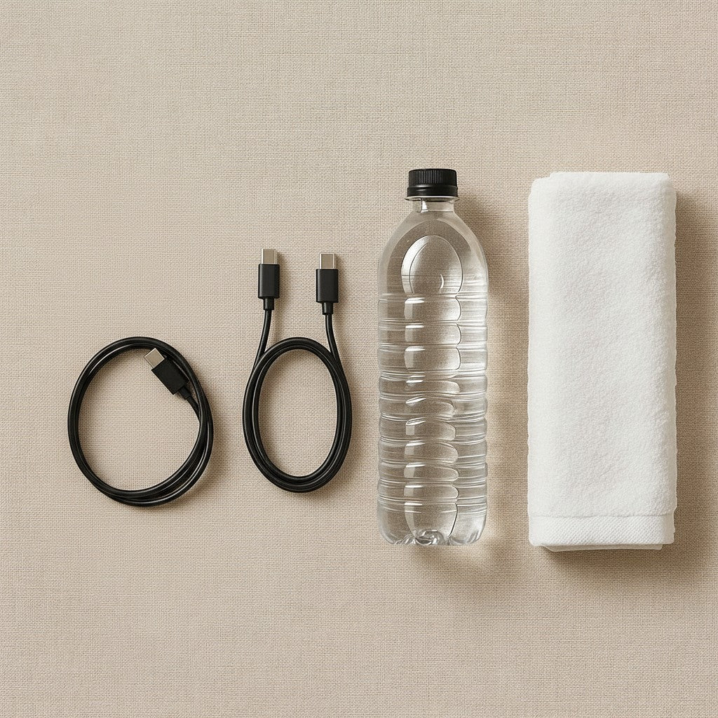 Exquisite Deal Shop BloonFizzy soothing vapor bath bombs box with a water bottle, charging cable, and white towel.