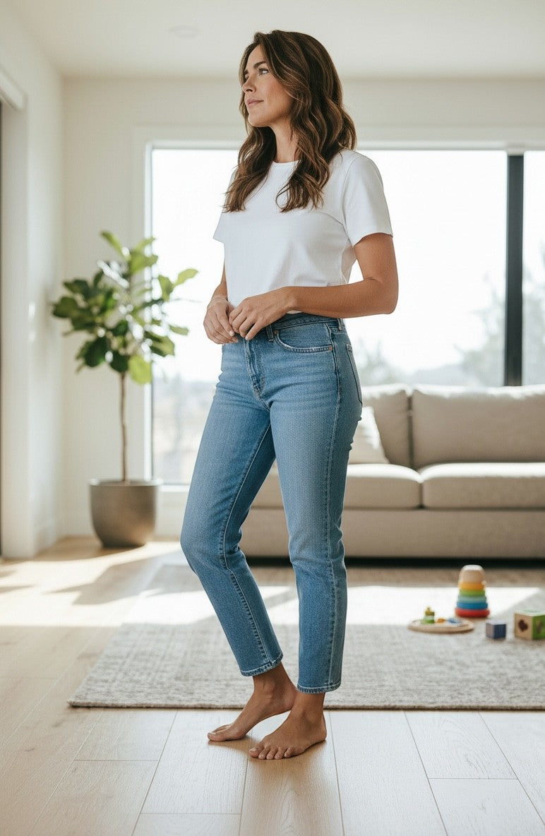 Exquisite Deal Shop woman wearing blue denim jeans and a white t-shirt standing barefoot on a wooden floor.