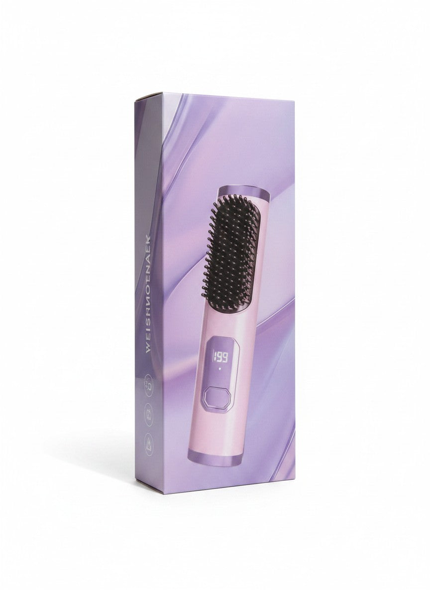 Exquisite Deal Shop cordless hair straightener brush in light pink with black bristles and digital temperature display.
