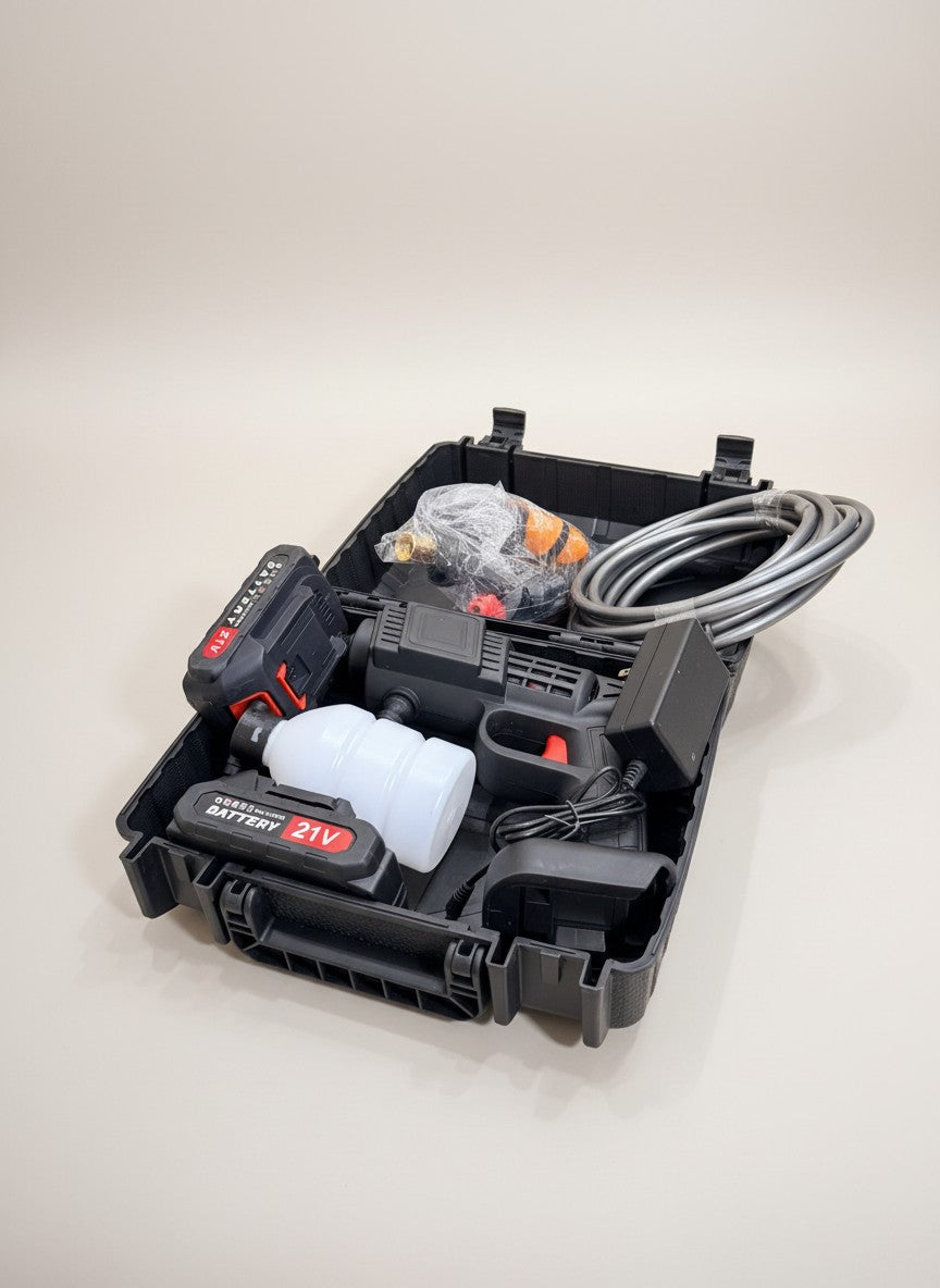 Exquisite Deal Shop cordless portable pressure washer with two 21V batteries, soap dispenser, charger, and hose in a black carrying case.