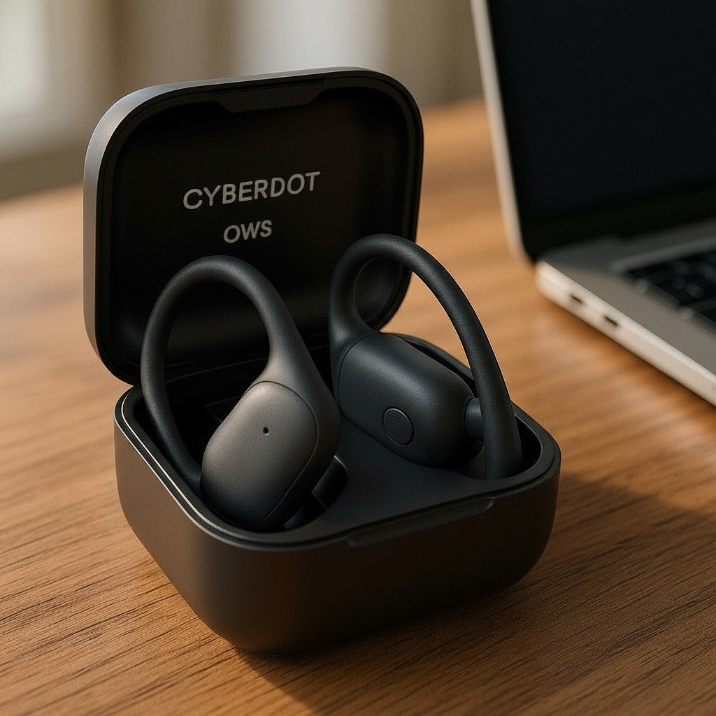 Exquisite Deal Shop CYBERDOT OWS open-ear wireless earbuds in dark grey, with charging case and laptop in background.