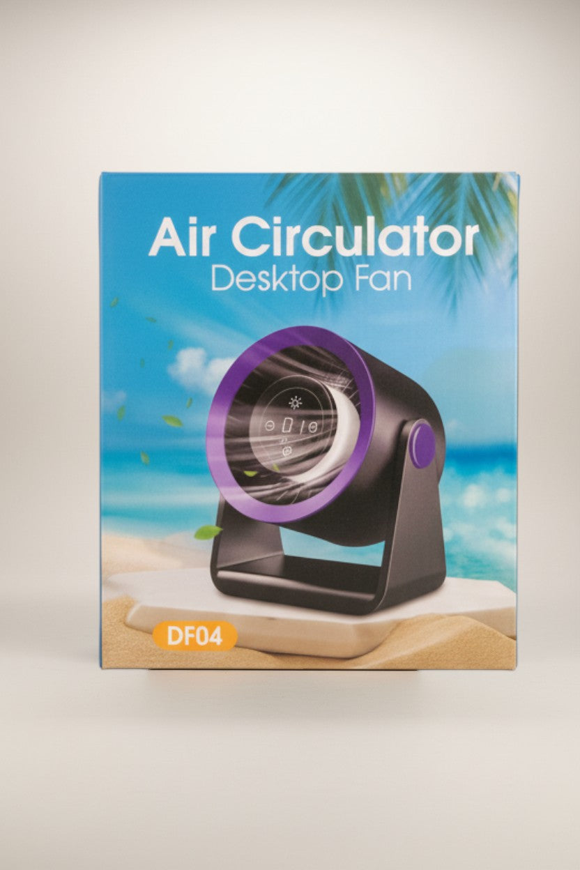 Exquisite Deal Shop Air Circulator Desktop Fan DF04, black with purple accents, touch control, rechargeable, compact design for desks.