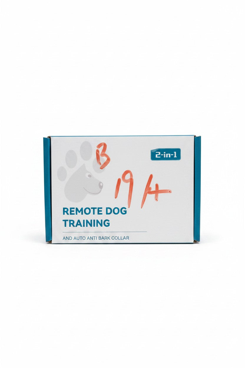 Exquisite Deal Shop 2-in-1 remote dog training and auto anti-bark collar box with paw print and blue trim.