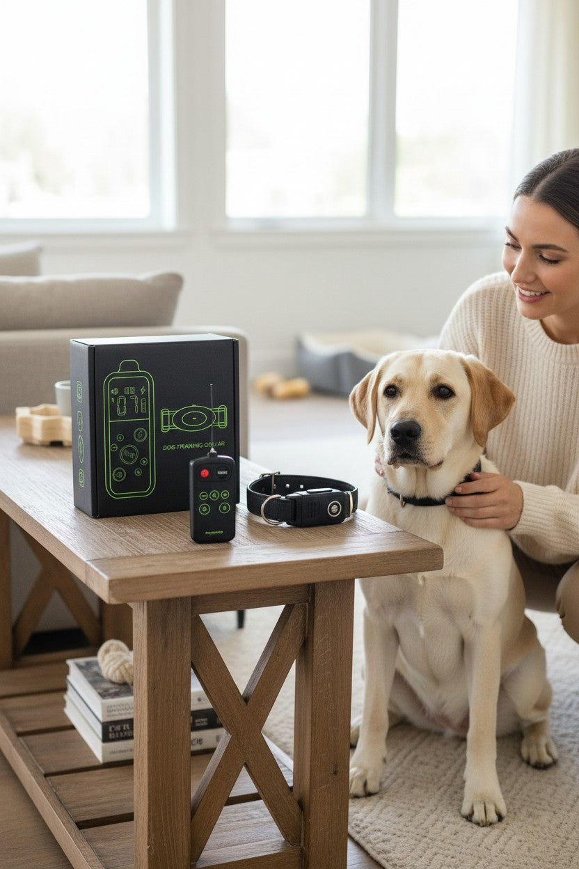 Exquisite Deal Shop black and green rechargeable dog training collar with remote and reflective strap.
