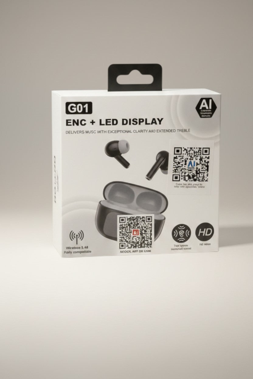 Exquisite Deal Shop G01 AI Translator Earbuds with ENC, LED display case, and wireless Bluetooth connectivity.