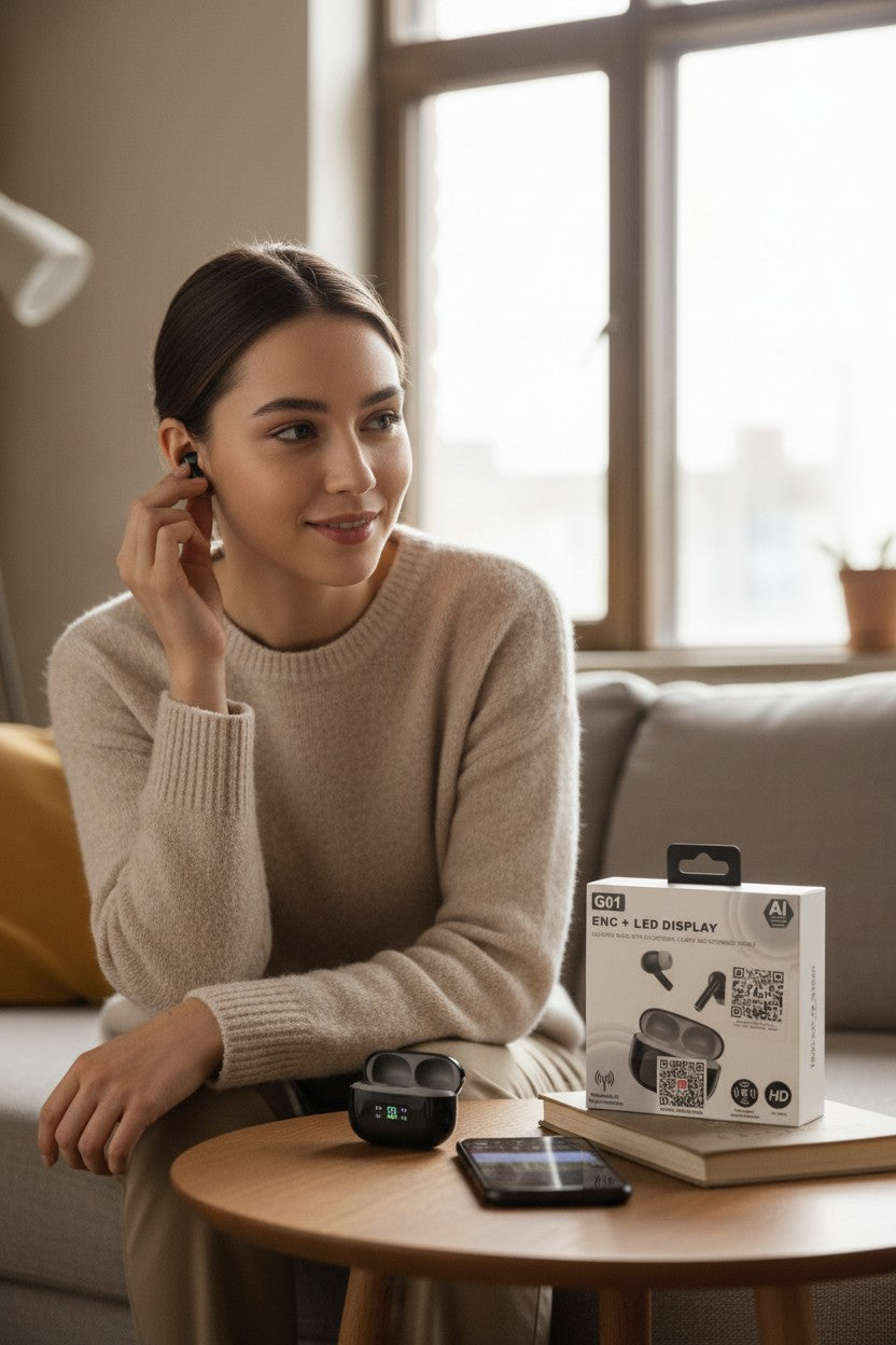 Exquisite Deal Shop G01 AI Translator Earbuds with ENC, LED display case, and wireless Bluetooth connectivity.