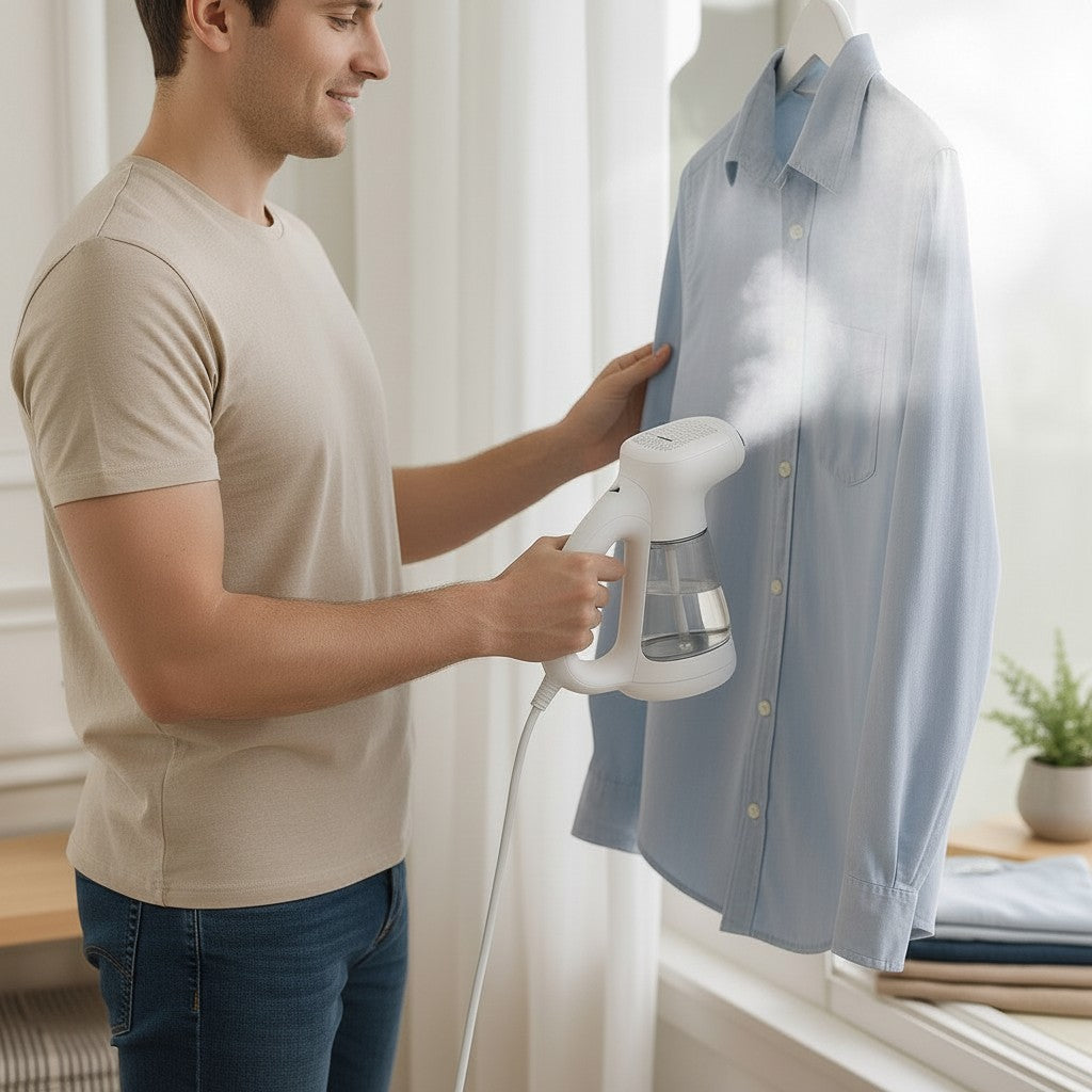 Exquisite Deal Shop handheld vacuum garment steamer de-wrinkling a blue shirt with steam and suction.
