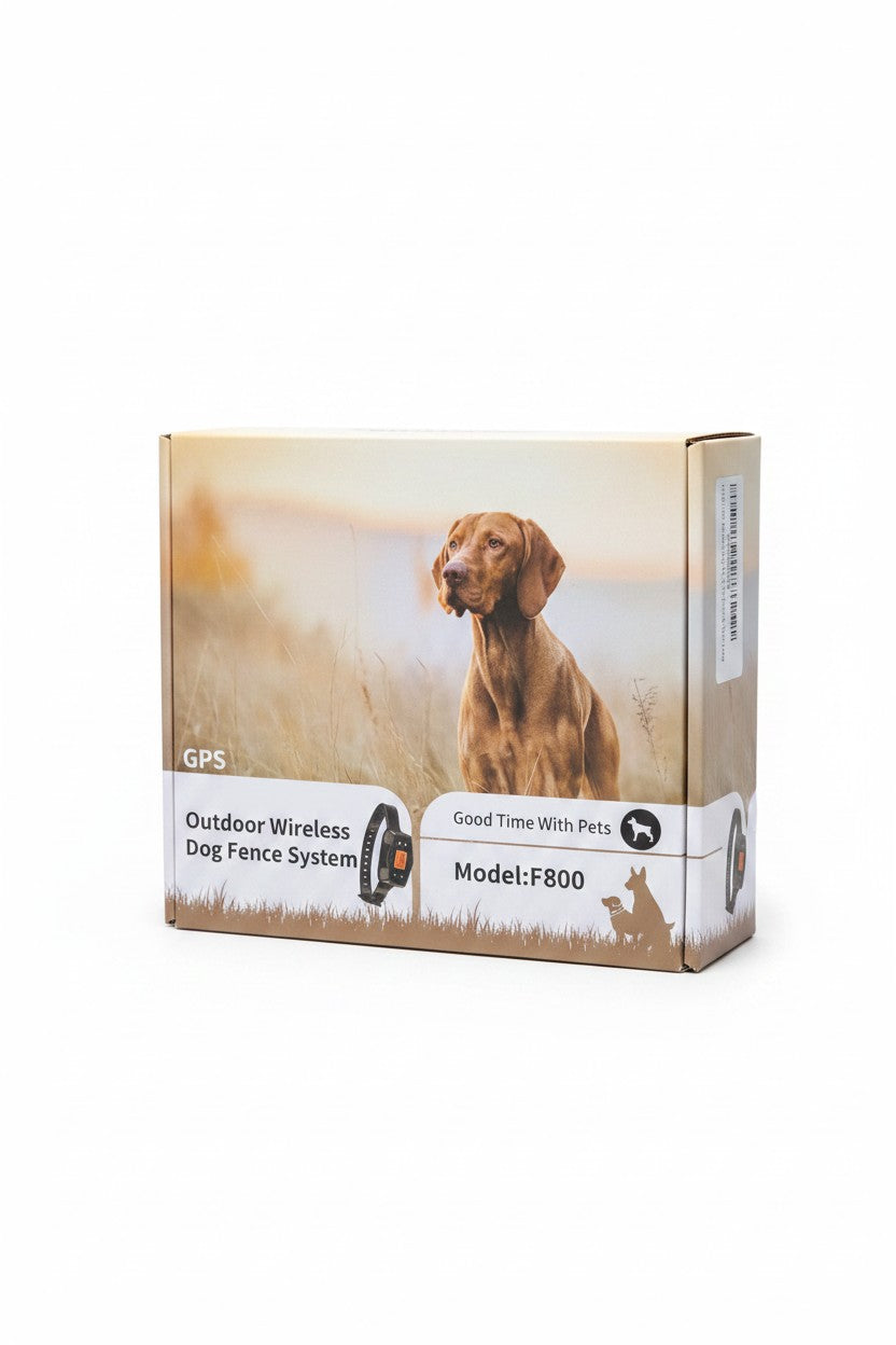 Exquisite Deal Shop F800 GPS wireless dog fence system box featuring a Vizsla dog in a field