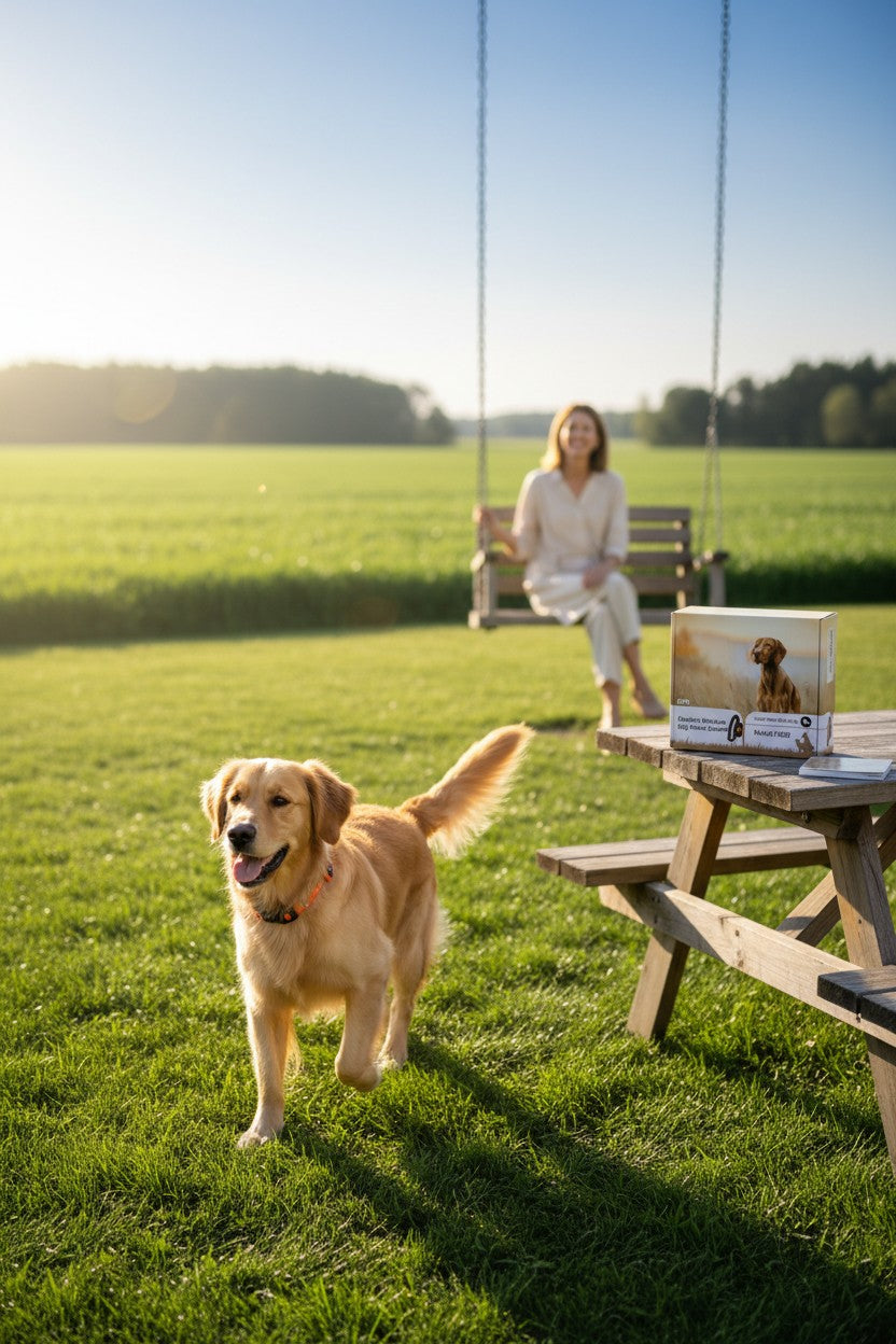 Exquisite Deal Shop GPS wireless dog fence system box on a picnic table with a golden retriever playing in the yard