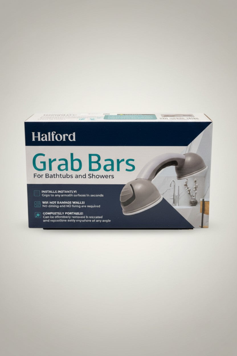 Exquisite Deal Shop Halford grab bars for bathtubs and showers with suction cups and safety indicators. Grey and white.