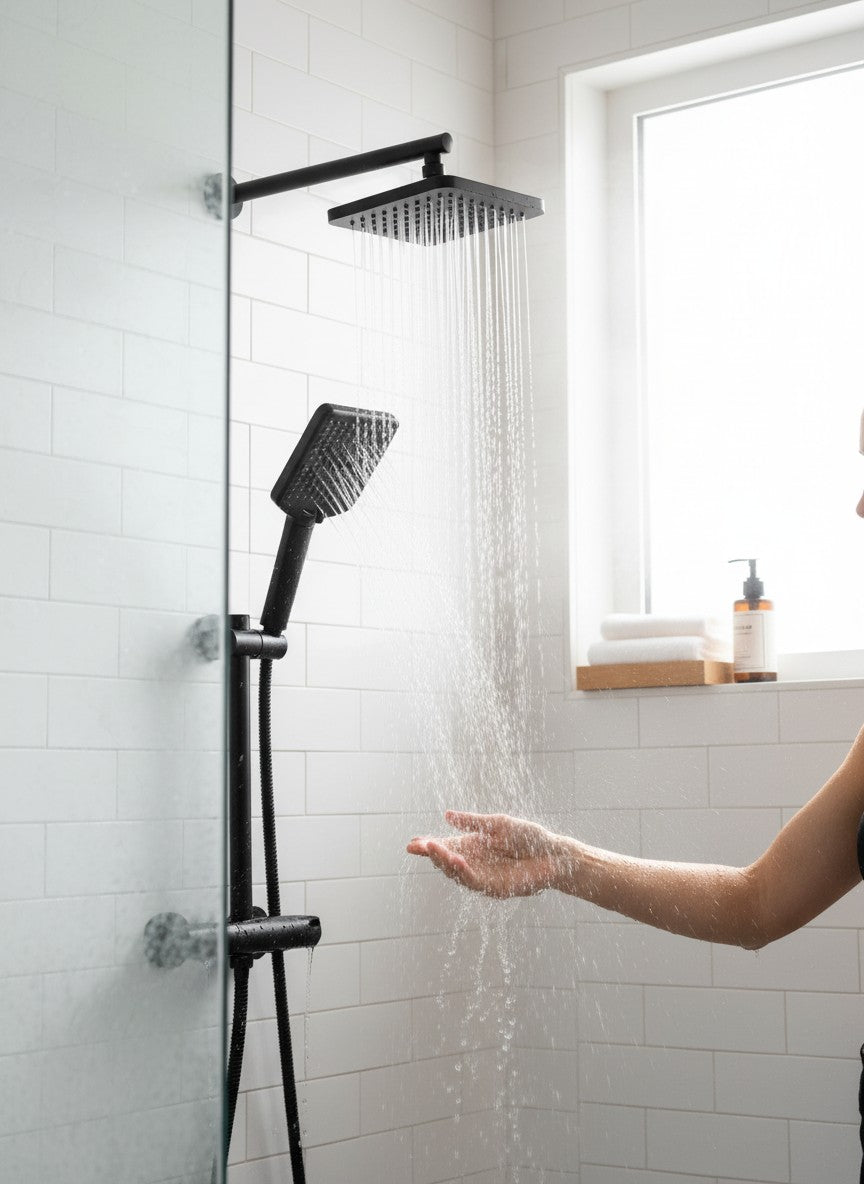 Exquisite Deal Shop Homlord JDX1001 handheld shower head, black, with multiple spray settings and built-in filter.