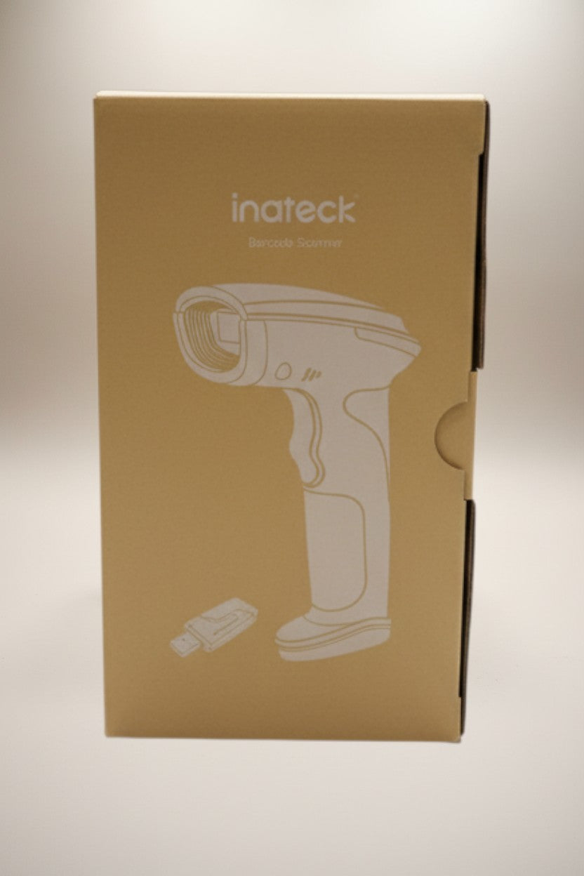 Exquisite Deal Shop Inateck BCST-21-Al wireless handheld 1D barcode scanner box with illustration.