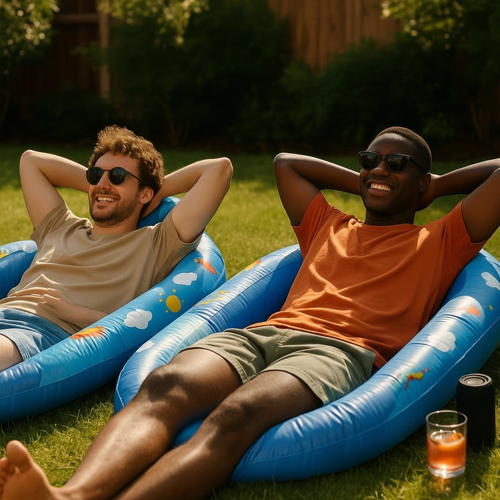 Exquisite Deal Shop blue inflatable tanning pool float with sprinkler, adult size, for backyard relaxation.