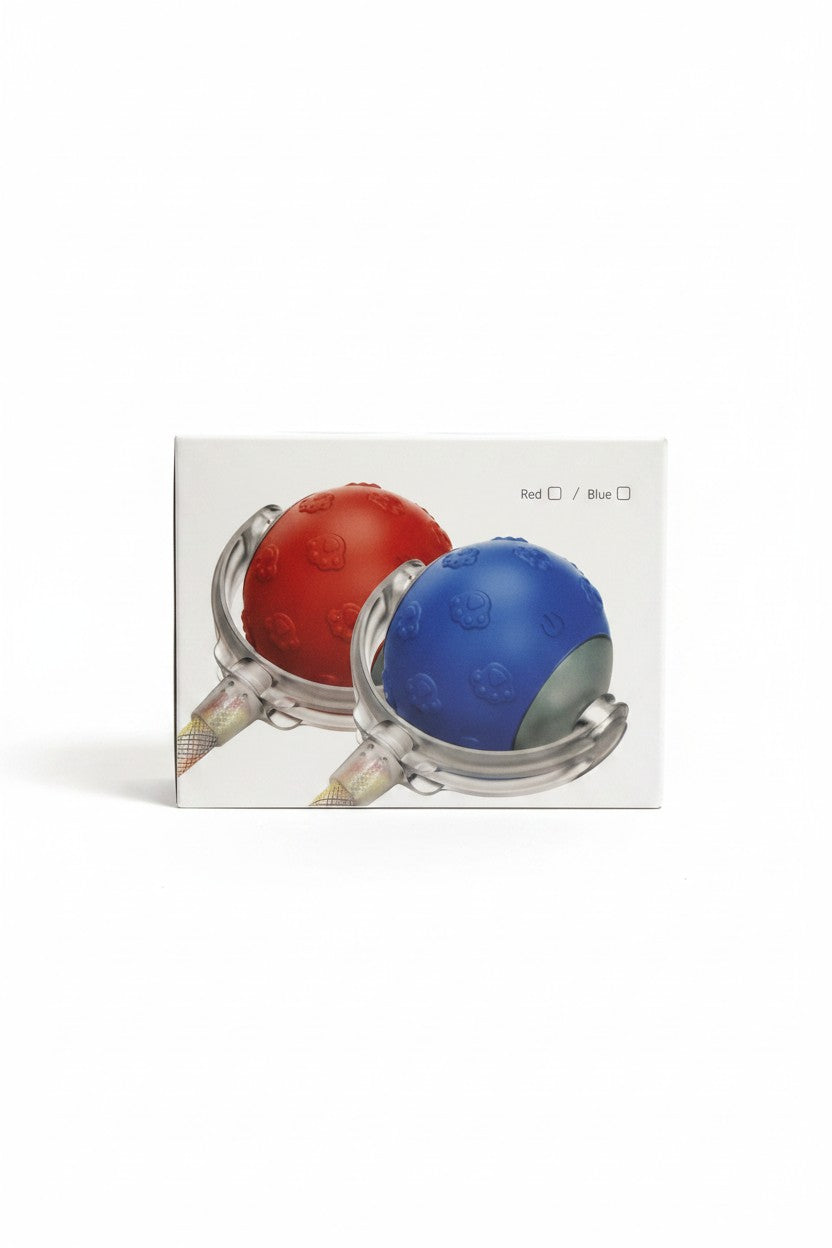 Exquisite Deal Shop interactive cat toy rolling balls, one red and one blue, with paw print texture and feather accessory.