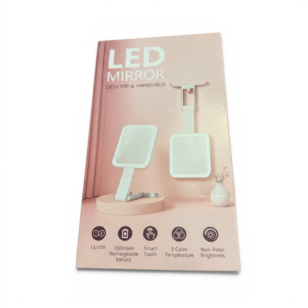 Exquisite Deal Shop LED makeup mirror with 1X/10X magnification, 3 color temps, and dimmable brightness. Desktop and handheld design.
