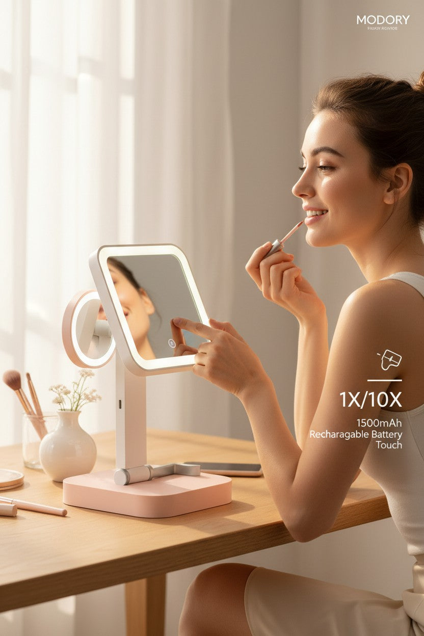Exquisite Deal Shop LED makeup mirror with 1X/10X magnification, 3 color temps, rechargeable battery, and dimmable brightness.