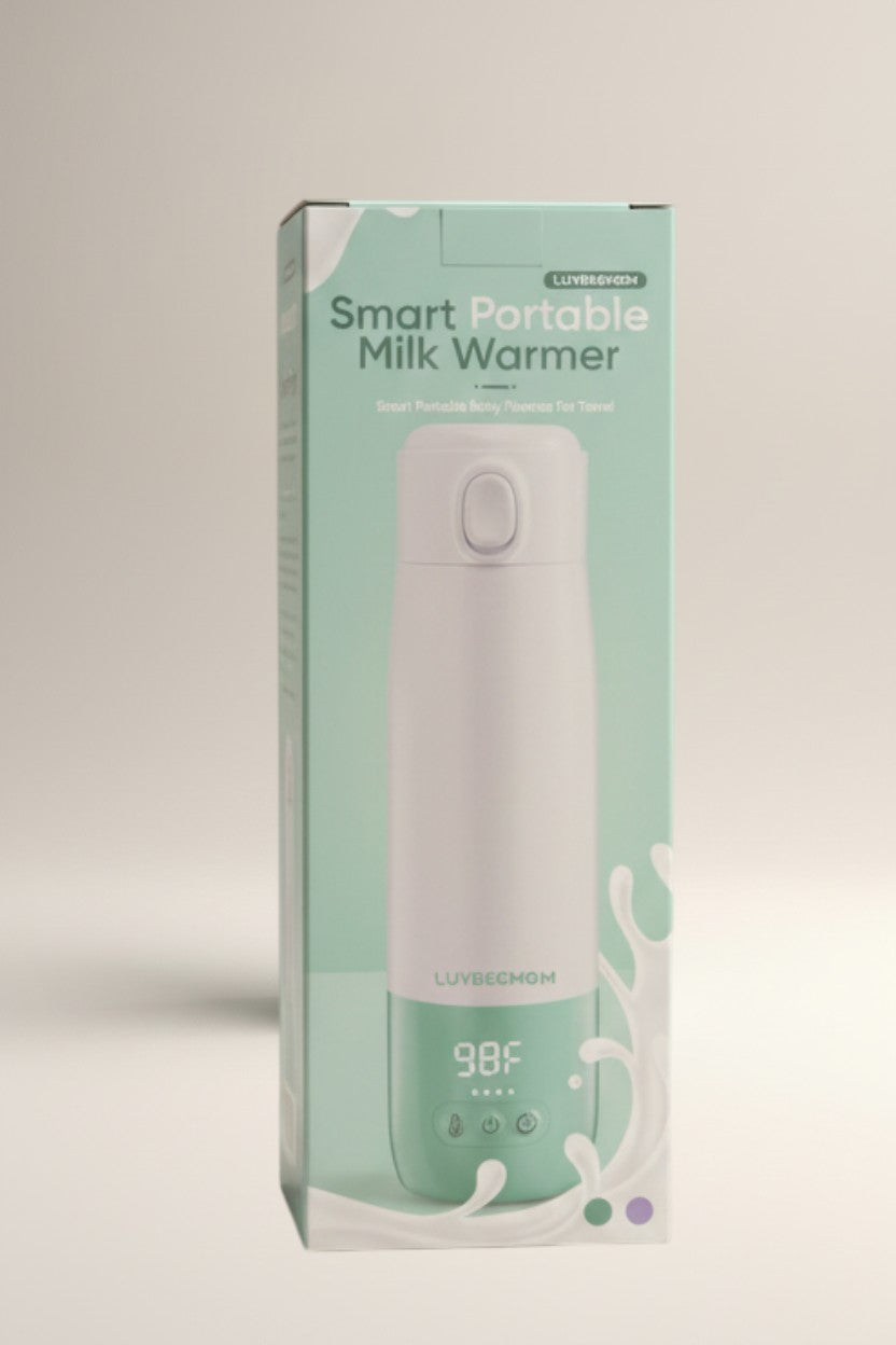 Exquisite Deal Shop Luvbemom smart portable milk warmer, USB rechargeable, with digital temperature display showing 98F.