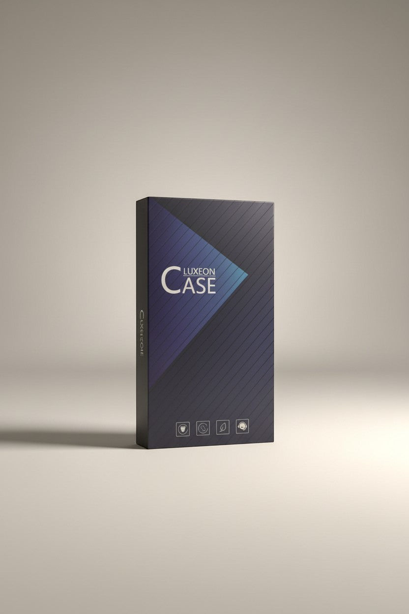Exquisite Deal Shop Luxeon matte black iPhone case packaging with anti-fall, shockproof, and fingerprint-resistant features.