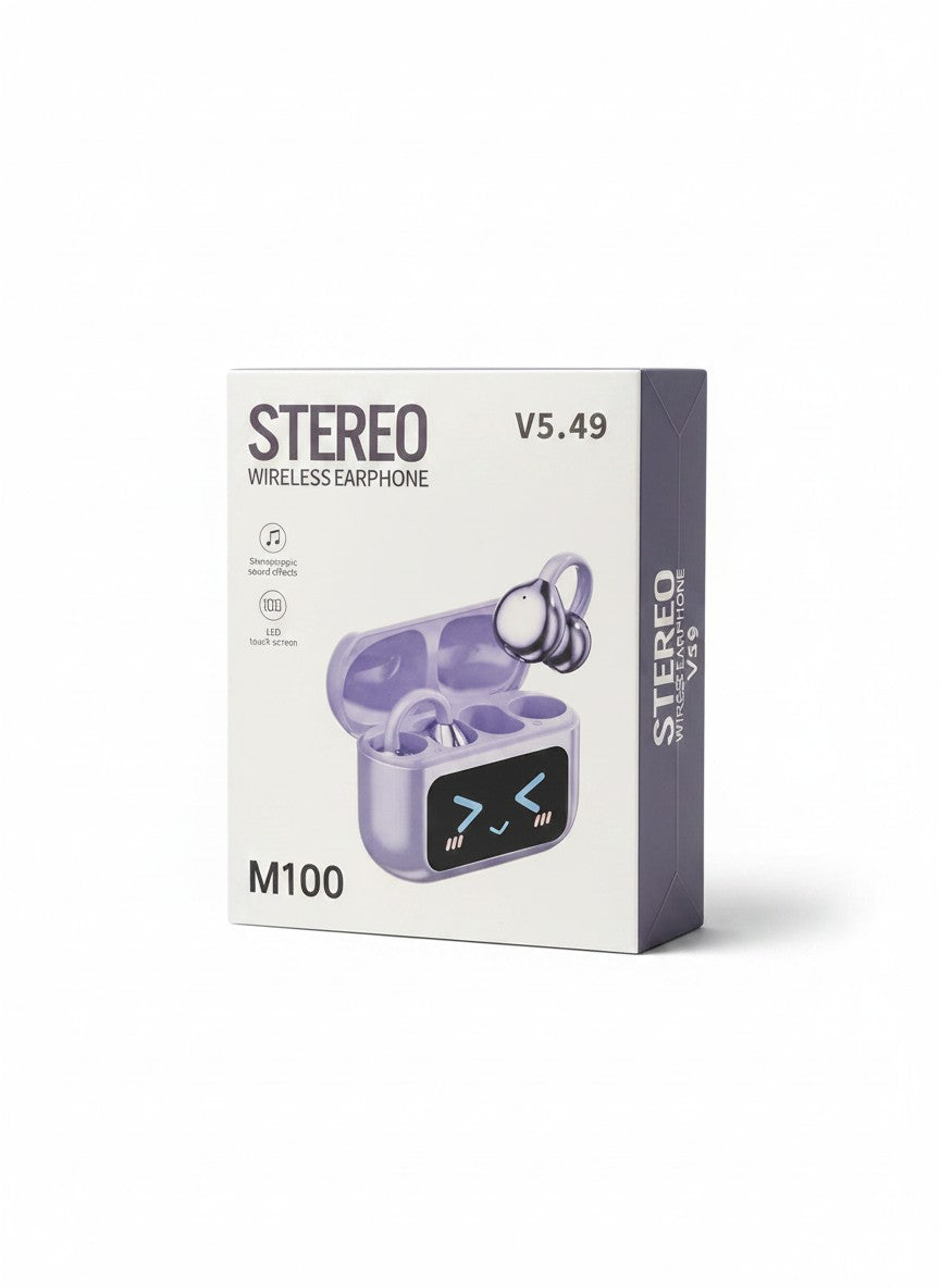 Exquisite Deal Shop M100 wireless earbuds in purple with LED touch screen display and Bluetooth connectivity.