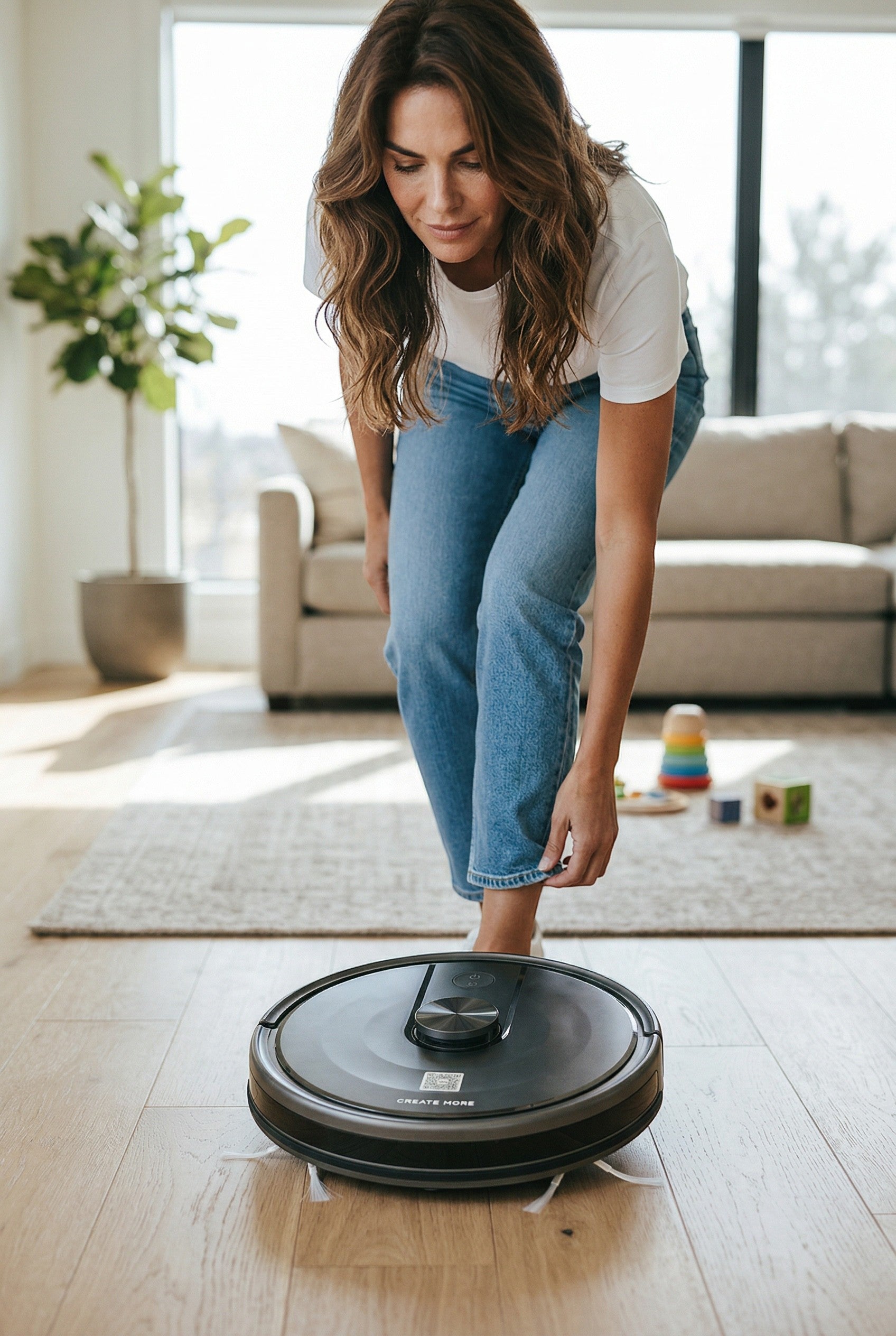 Exquisite Deal Shop M6 robot vacuum cleaner with intelligent navigation and WiFi control on a hardwood floor.