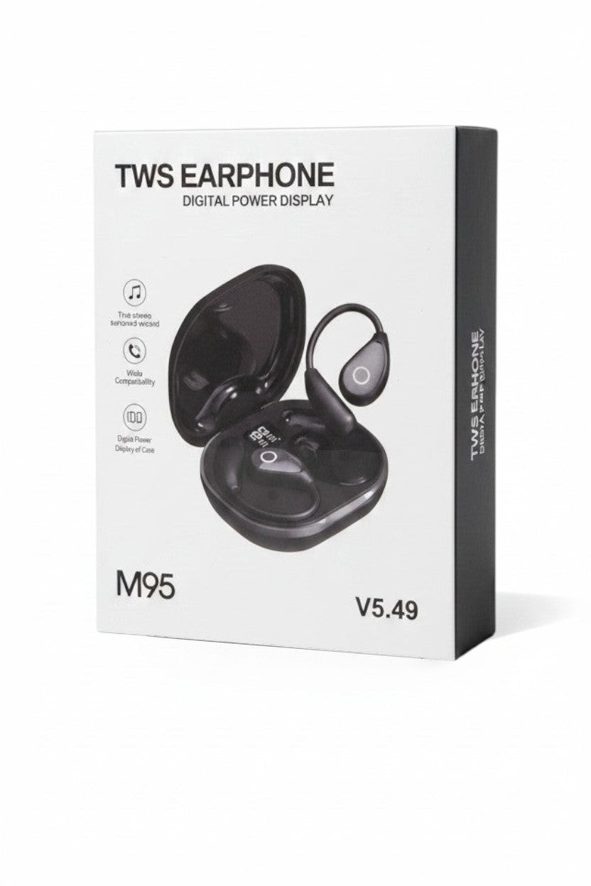 Exquisite Deal Shop M95 TWS ear-hook wireless earphones in a white retail box with digital LED power display.