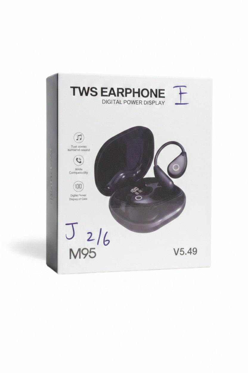 Exquisite Deal Shop M95 TWS wireless ear-hook earphones in packaging with digital power display charging case