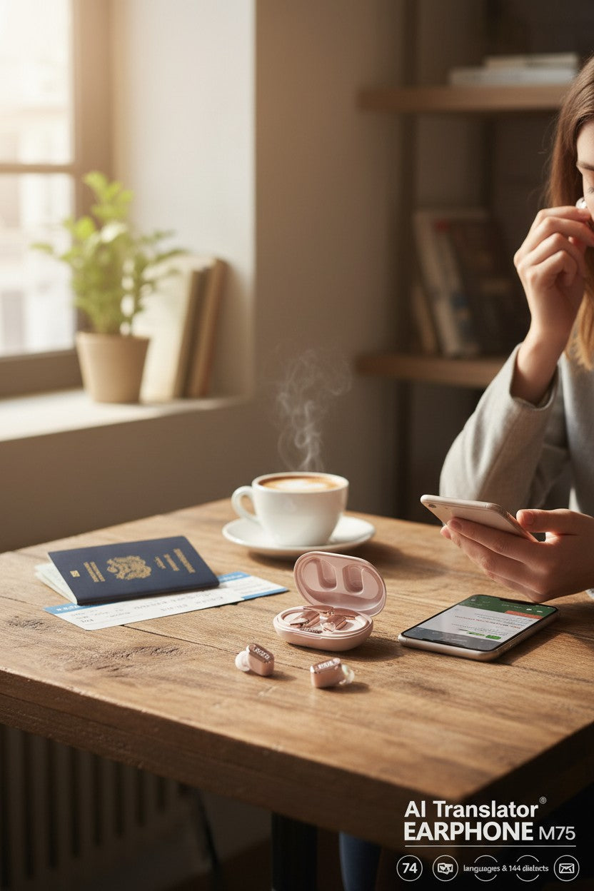 MerryKing M75 AI Translator Earphone box with rose gold earbuds and charging case, supports 74 languages & 144 dialects.