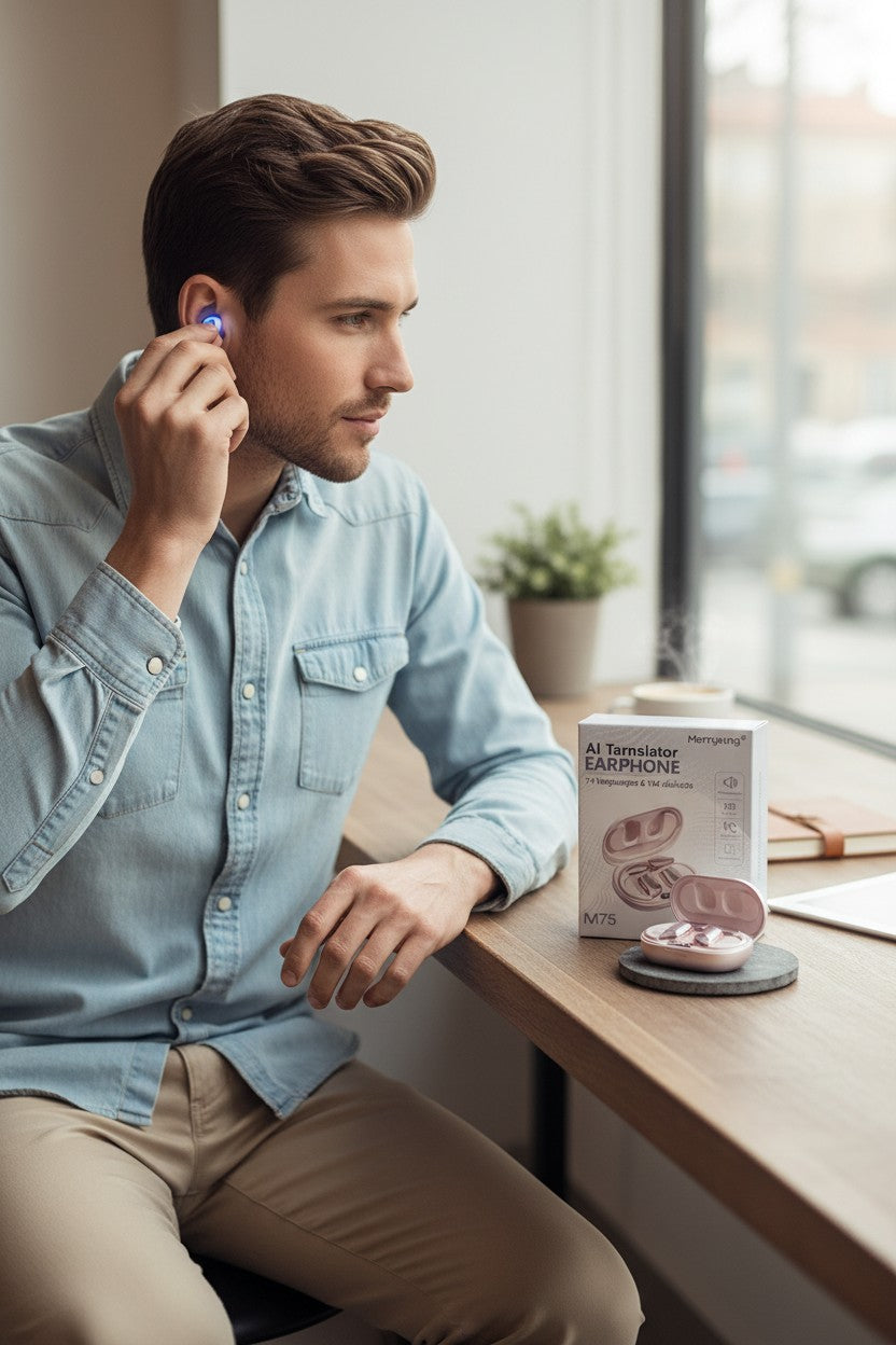 Exquisite Deal Shop MerryKing M75 AI Translator Earbuds with charging case, supports 74 languages and 144 dialects.