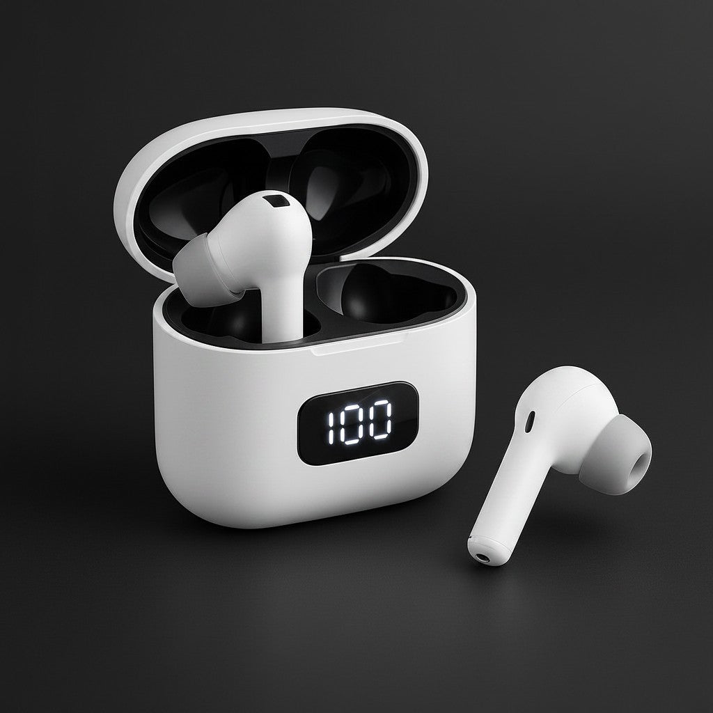 Exquisite Deal Shop MK83 AI translator earbuds in silver with digital display charging case showing 100.