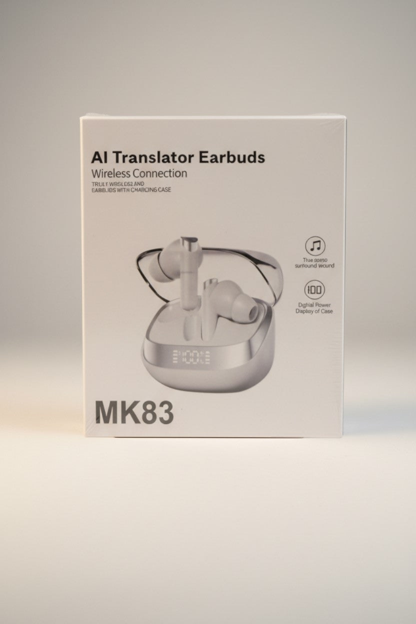 Exquisite Deal Shop MK83 AI Translator Earbuds with wireless Bluetooth and digital display charging case.