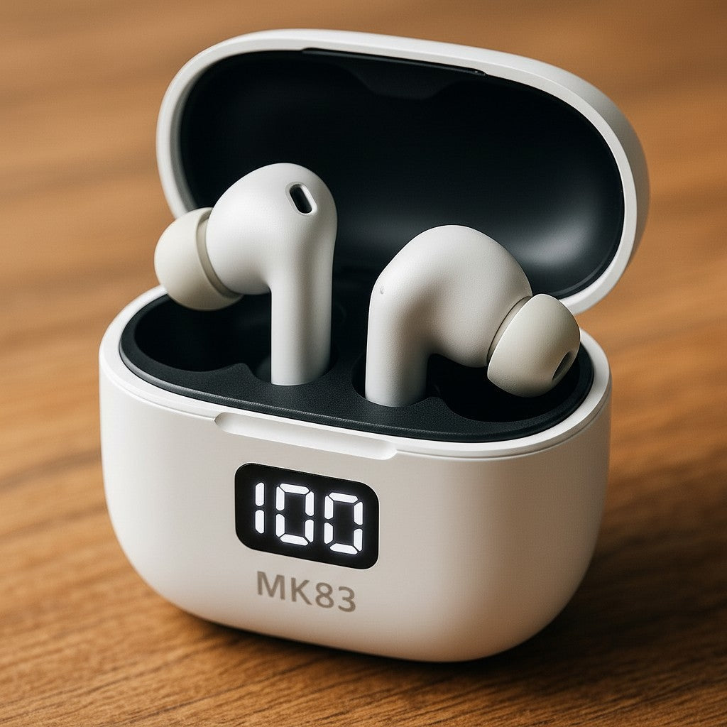 Exquisite Deal Shop MK83 AI translator earbuds in a black charging case with a digital display showing 100.