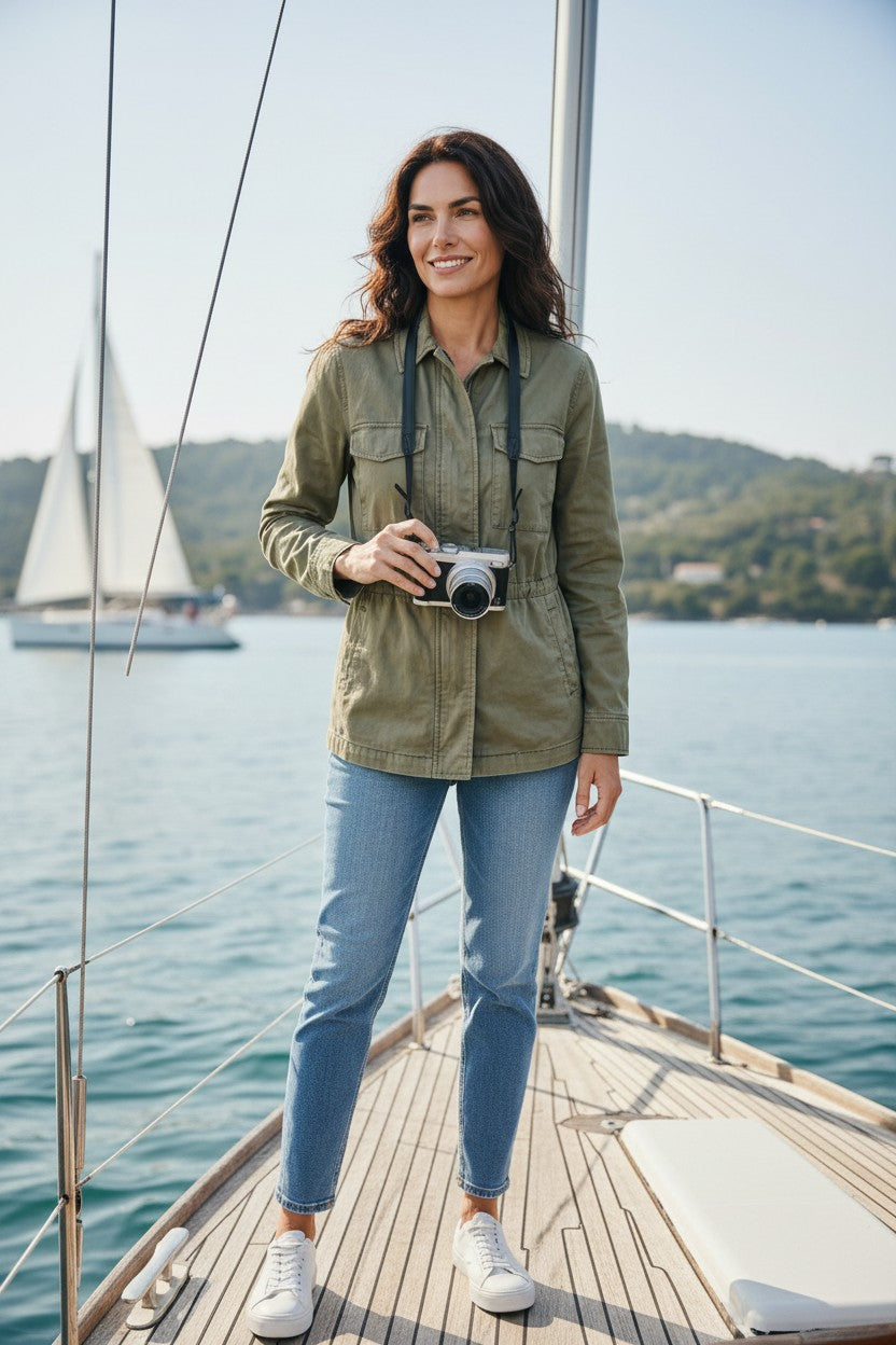 Exquisite Deal Shop woman in olive green utility jacket with camera strap and silver digital camera