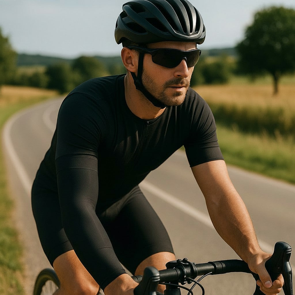 Exquisite Deal Shop orange copper-ion compression arm sleeve with UV block and graphic print, worn by cyclist.