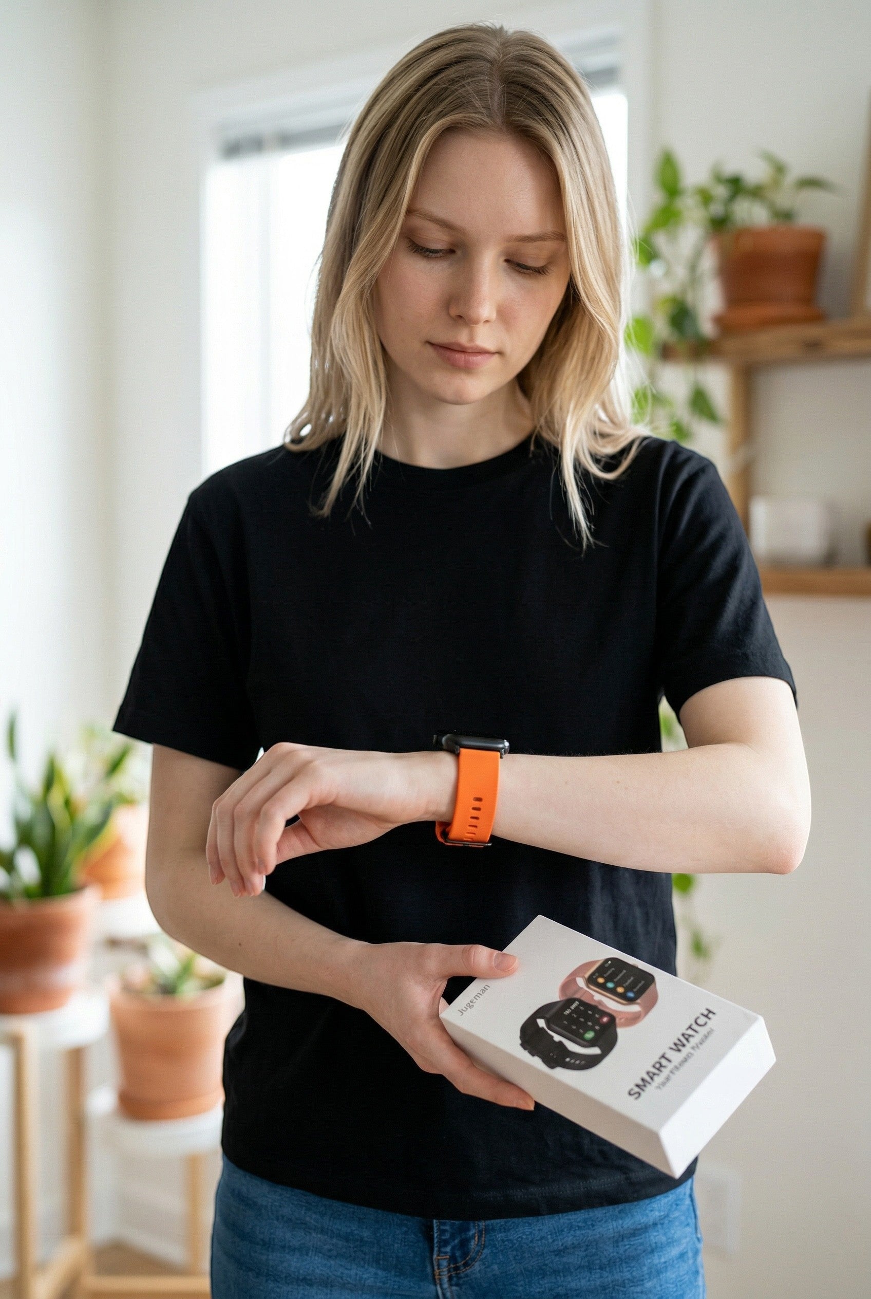 Exquisite Deal Shop orange smartwatch with 1.96in display, compatible with Android and iOS, featuring fitness tracking and notifications.