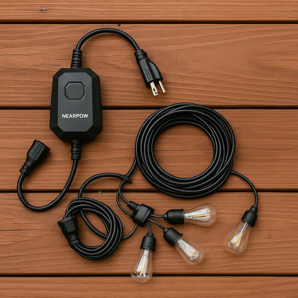 Exquisite Deal Shop NEARPOW TE-P010 outdoor dimmer with 2 outlets, remote control, and string lights on a wooden deck.