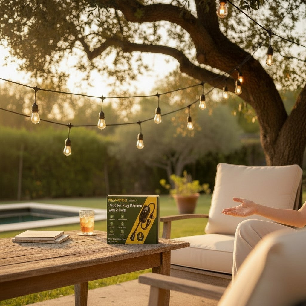 Exquisite Deal Shop NEARPOW TE-P010 outdoor plug dimmer with 2 outlets, remote control, and weatherproof housing for patio string lights.