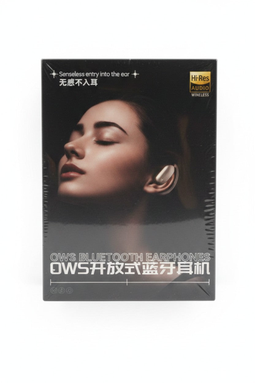 Exquisite Deal Shop OWS Hi-Res open-ear wireless Bluetooth earphones packaging featuring a model wearing the device.