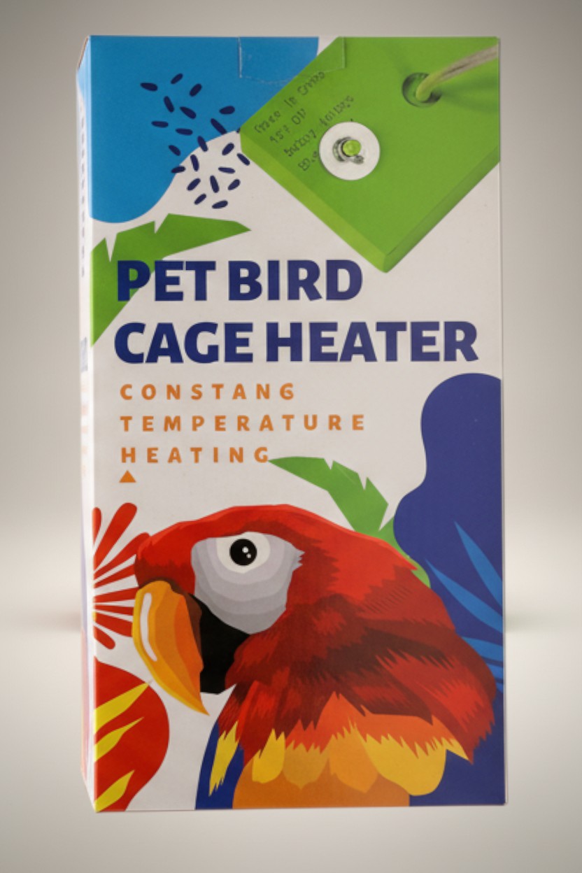 Exquisite Deal Shop Pet Bird Cage Heater with constant temperature heating, featuring a colorful parrot illustration.
